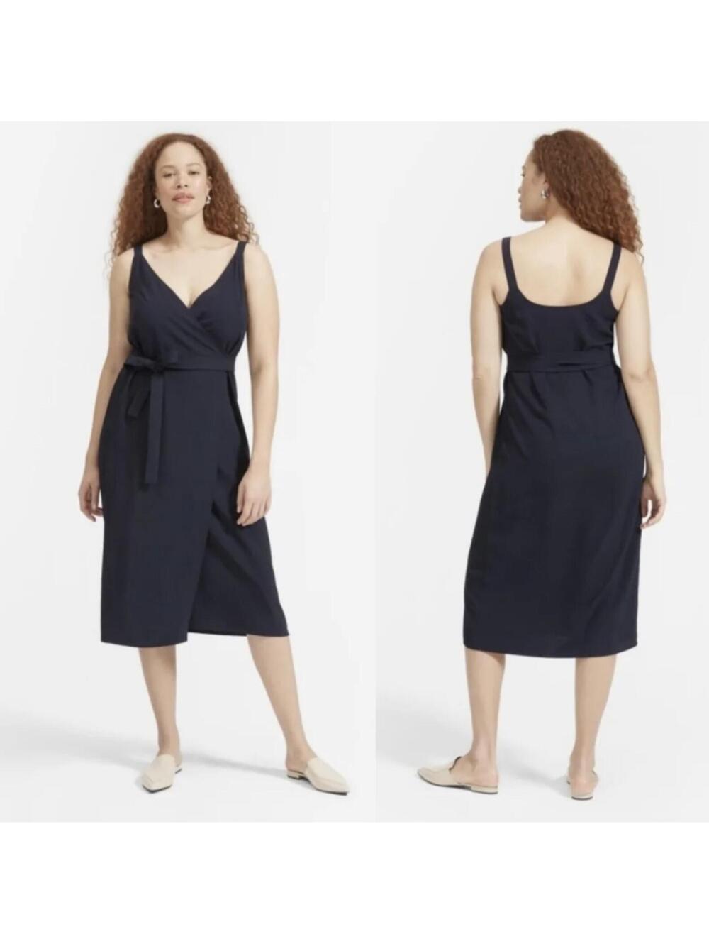 Everlane Japanese GoWeave Wrap Midi Dress Black Tie Waist Sleeveless Size 12